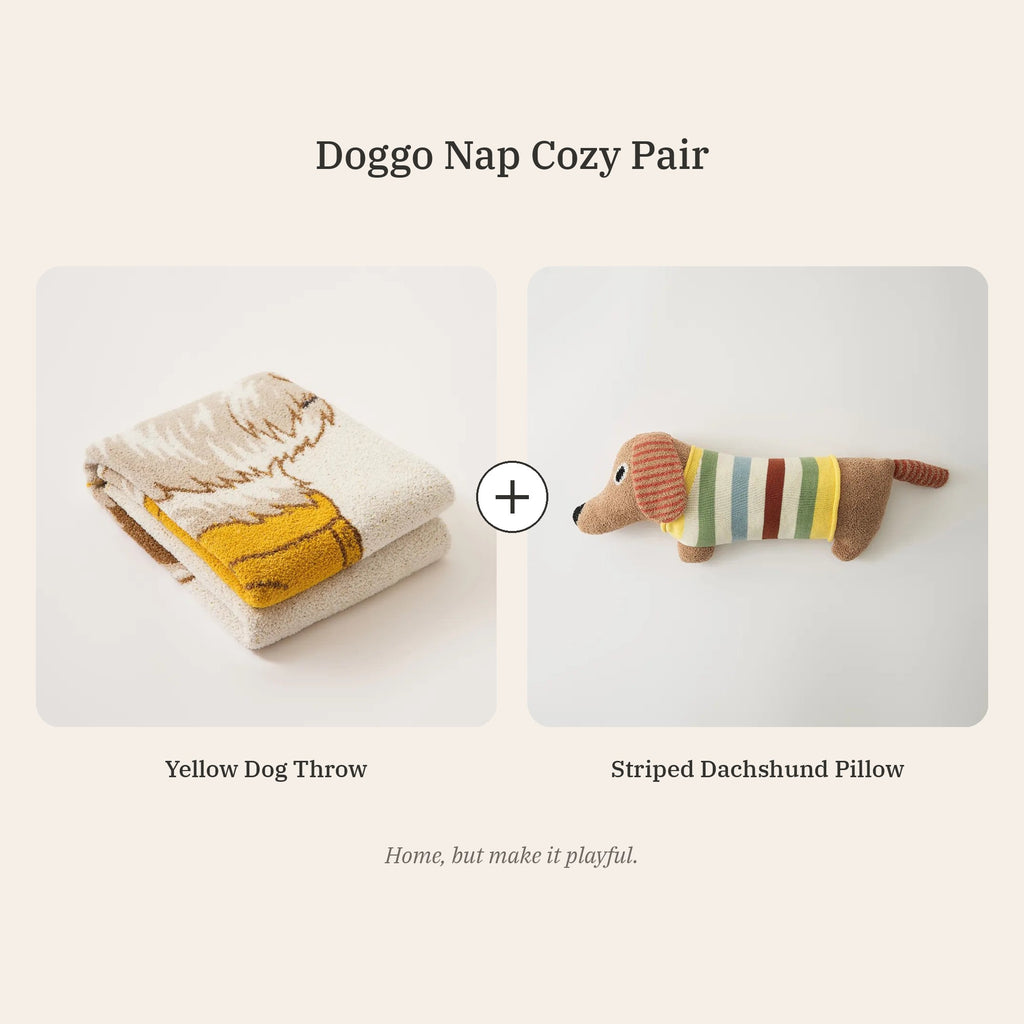 Doggo Nap Cozy Pair: Yellow Dog Throw + Striped Dachshund Pillow