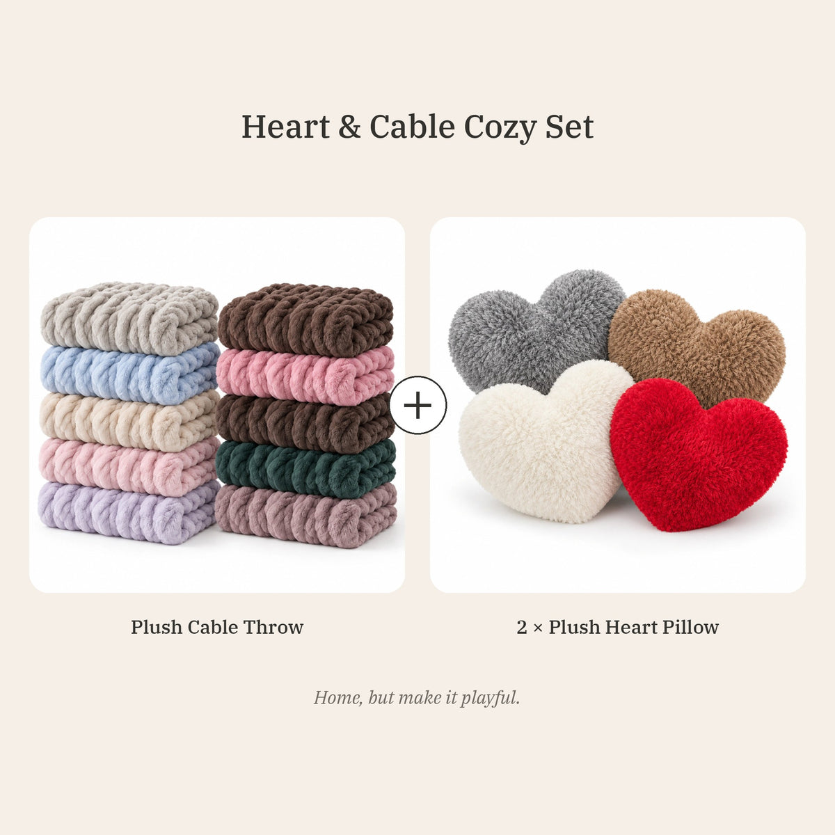 Heart & Cable Cozy Set: Plush Cable Throw + Plush Heart Pillow
