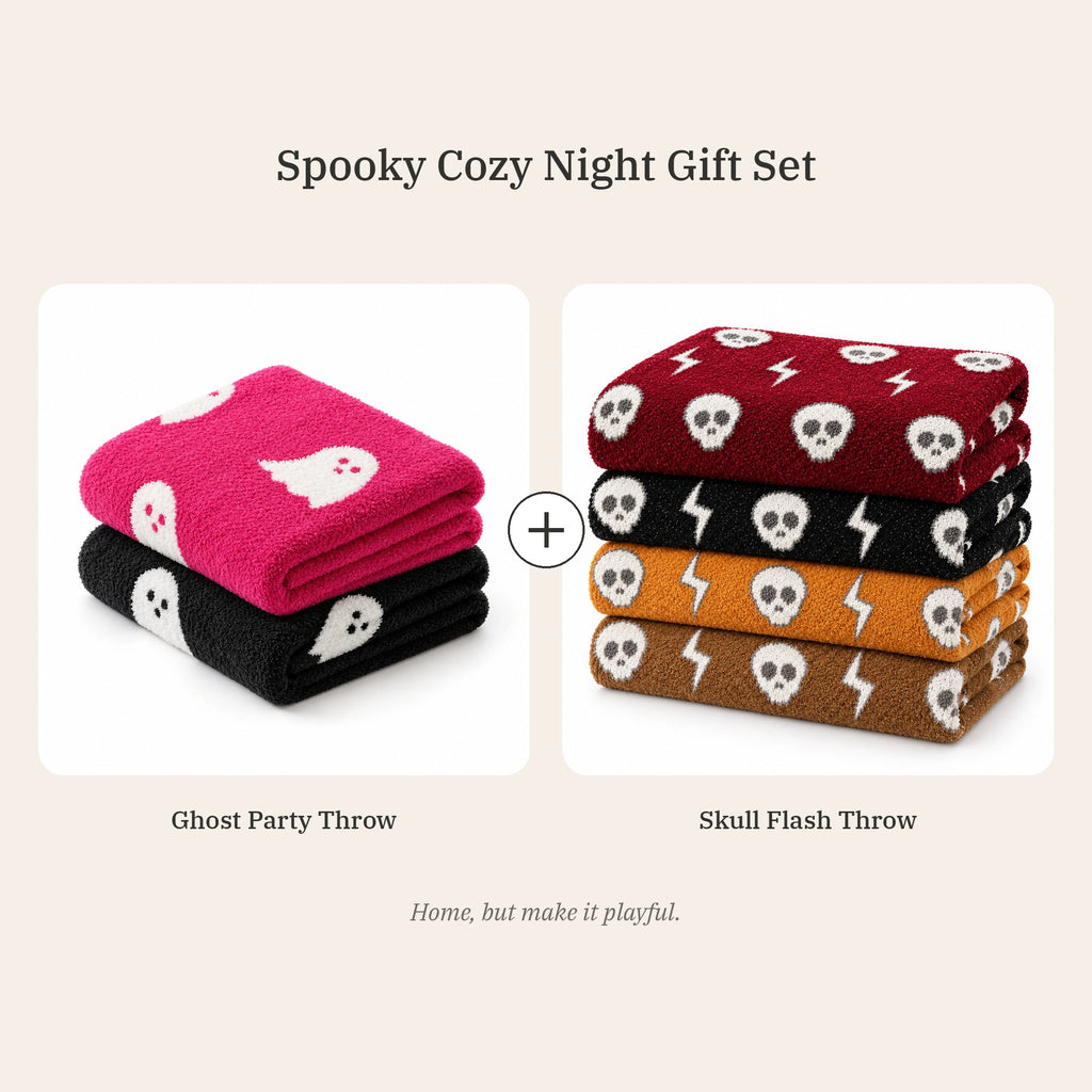 Spooky Cozy Night Gift Set: Ghost Party Throw + Skull Flash Throw