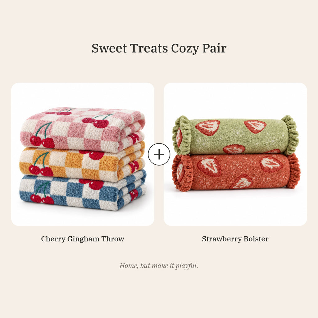 Sweet Treats Cozy Pair: Cherry Gingham Throw + Strawberry Bolster